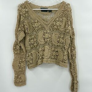 Vintage Cherry Stix Womens Crochet Open Knit Top One Size Beige Bohemian Cottage